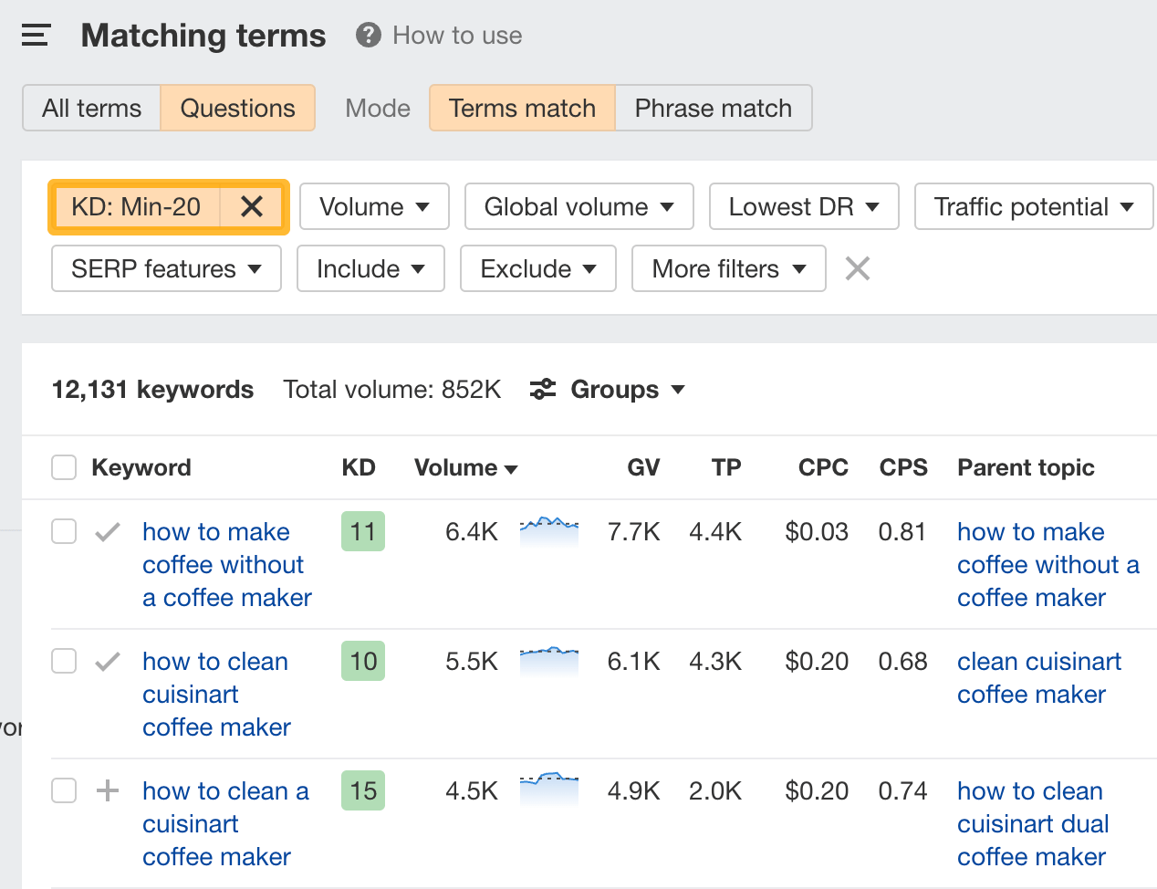 Narrowing the list down using the Keyword Difficulty filter
