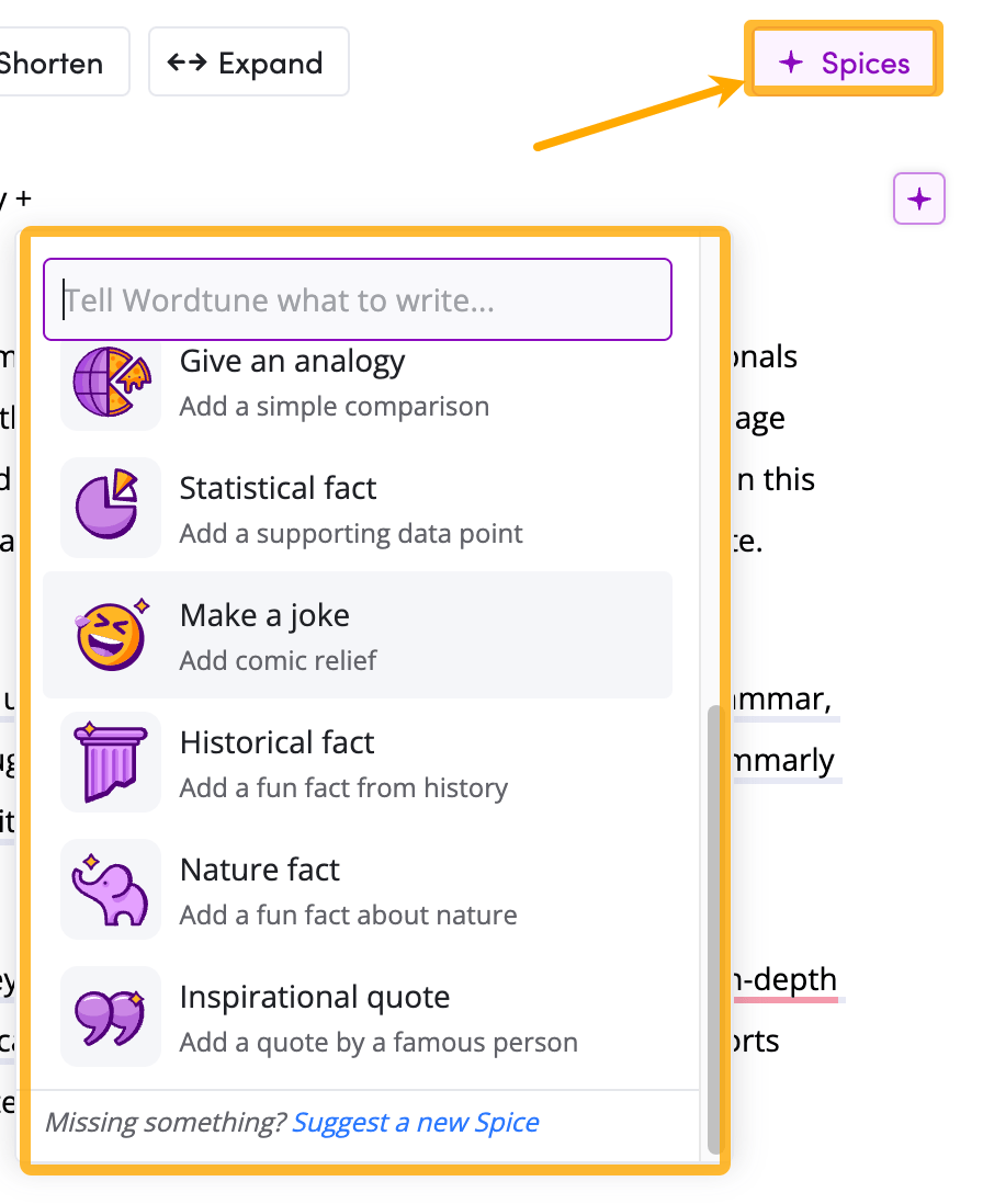 Wordtune's Spices feature