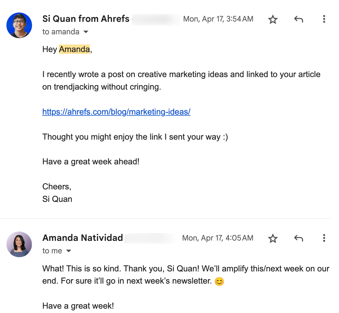 Example of an email letting an author know they were featured
