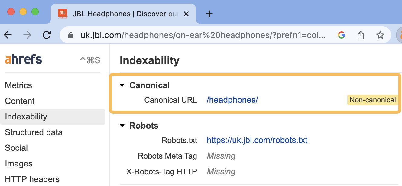 Ejemplo de URL no canónica, a través de jbl.com