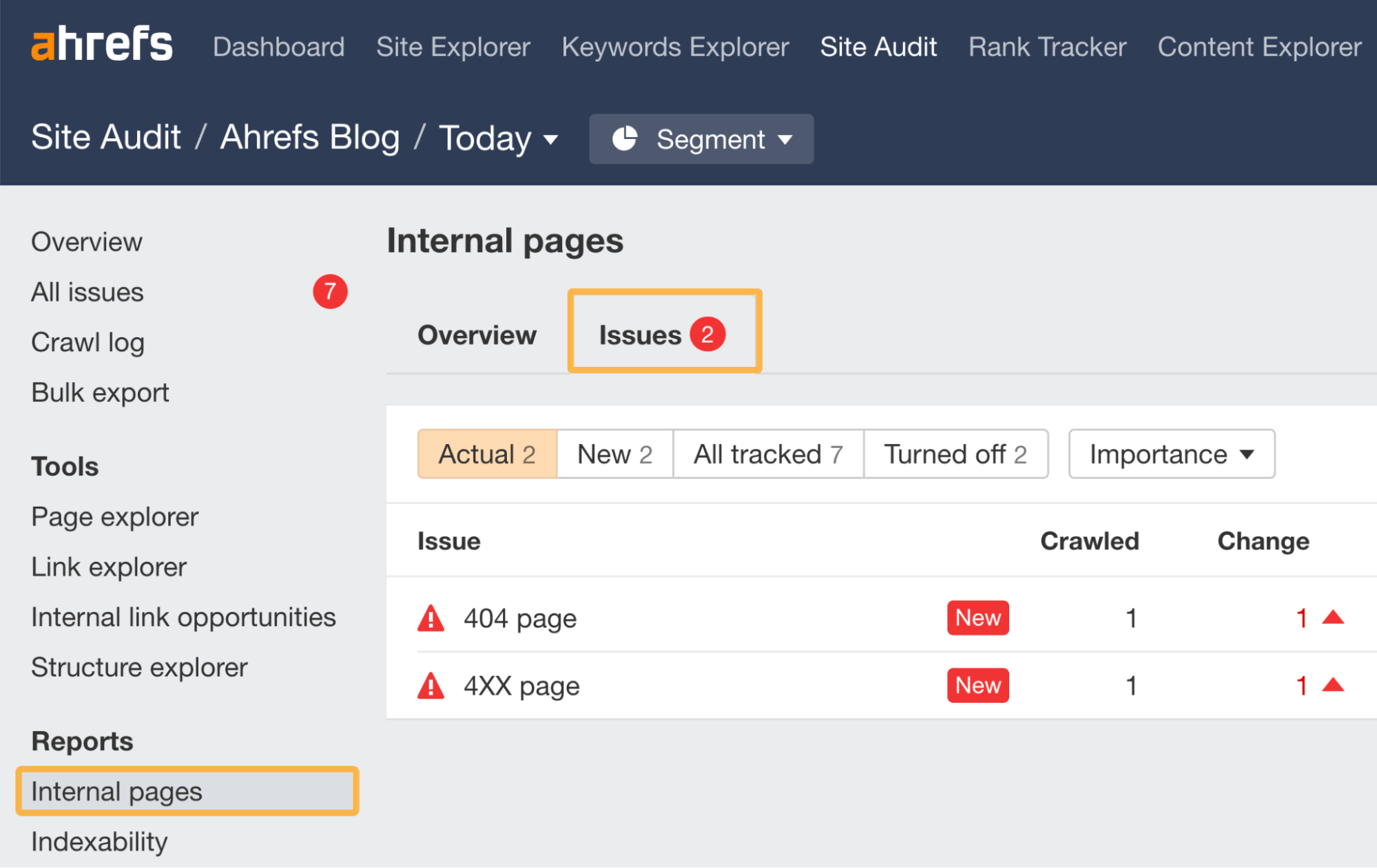 4XX issues in Internal pages report, via Ahrefs' Site Audit
