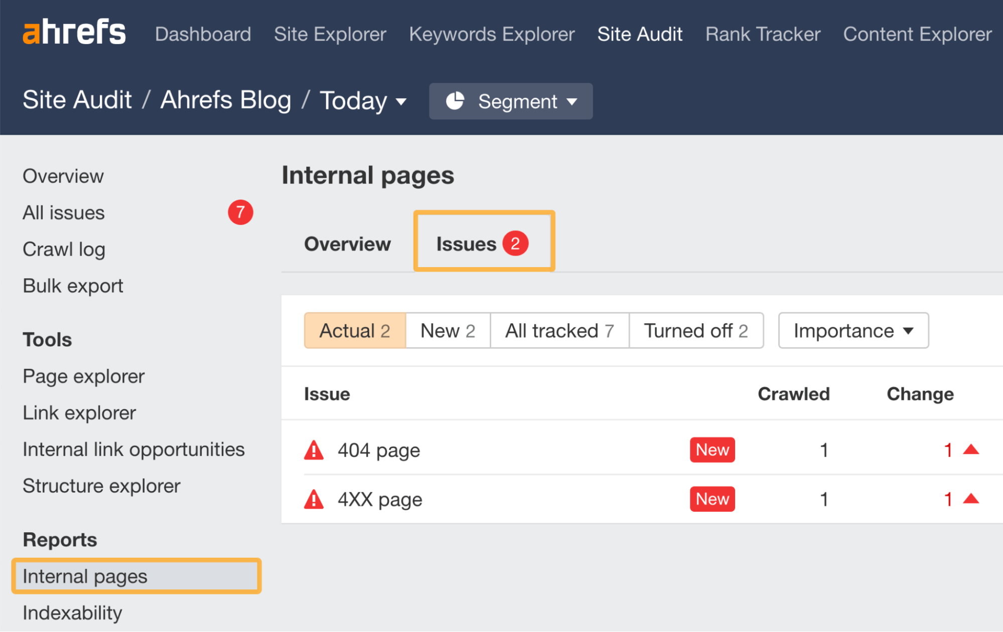 Ahrefs Site Audit（网站诊断）Internal pages（内部页面）报告中的 4xx 问题
