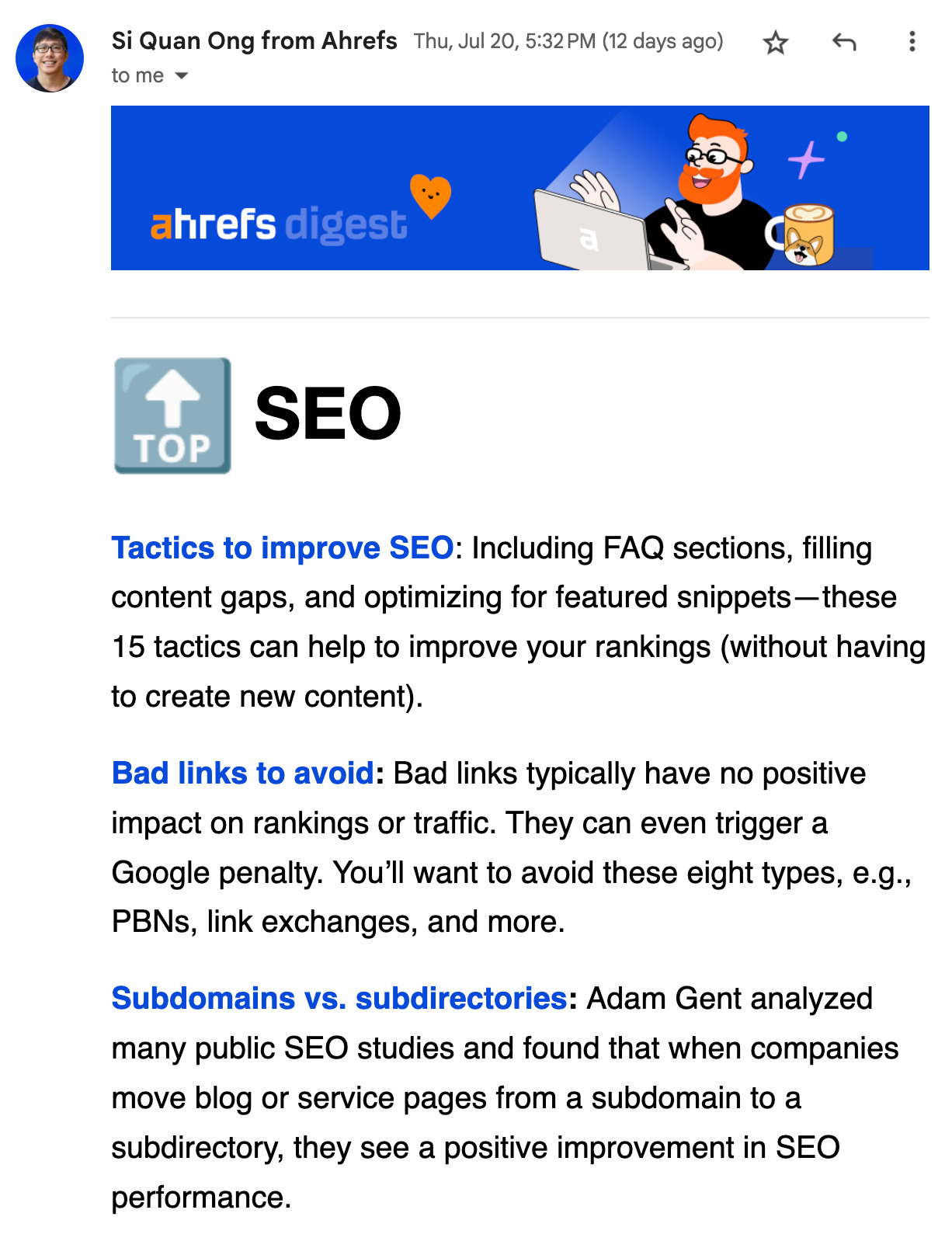 An example of Ahrefs' weekly newsletter
