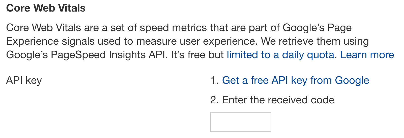 Clé API de Core Web Vitals, via Ahrefs' Site Audit
