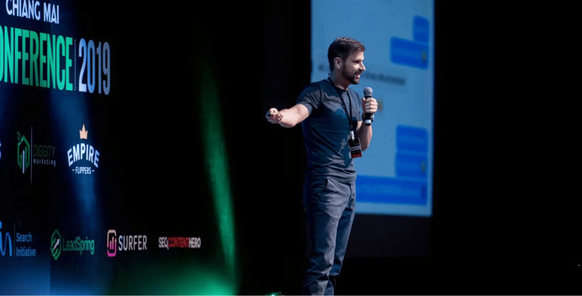 Ahrefs CMO Tim Soulo speaking at the Chiang Mai SEO Conference in 2019