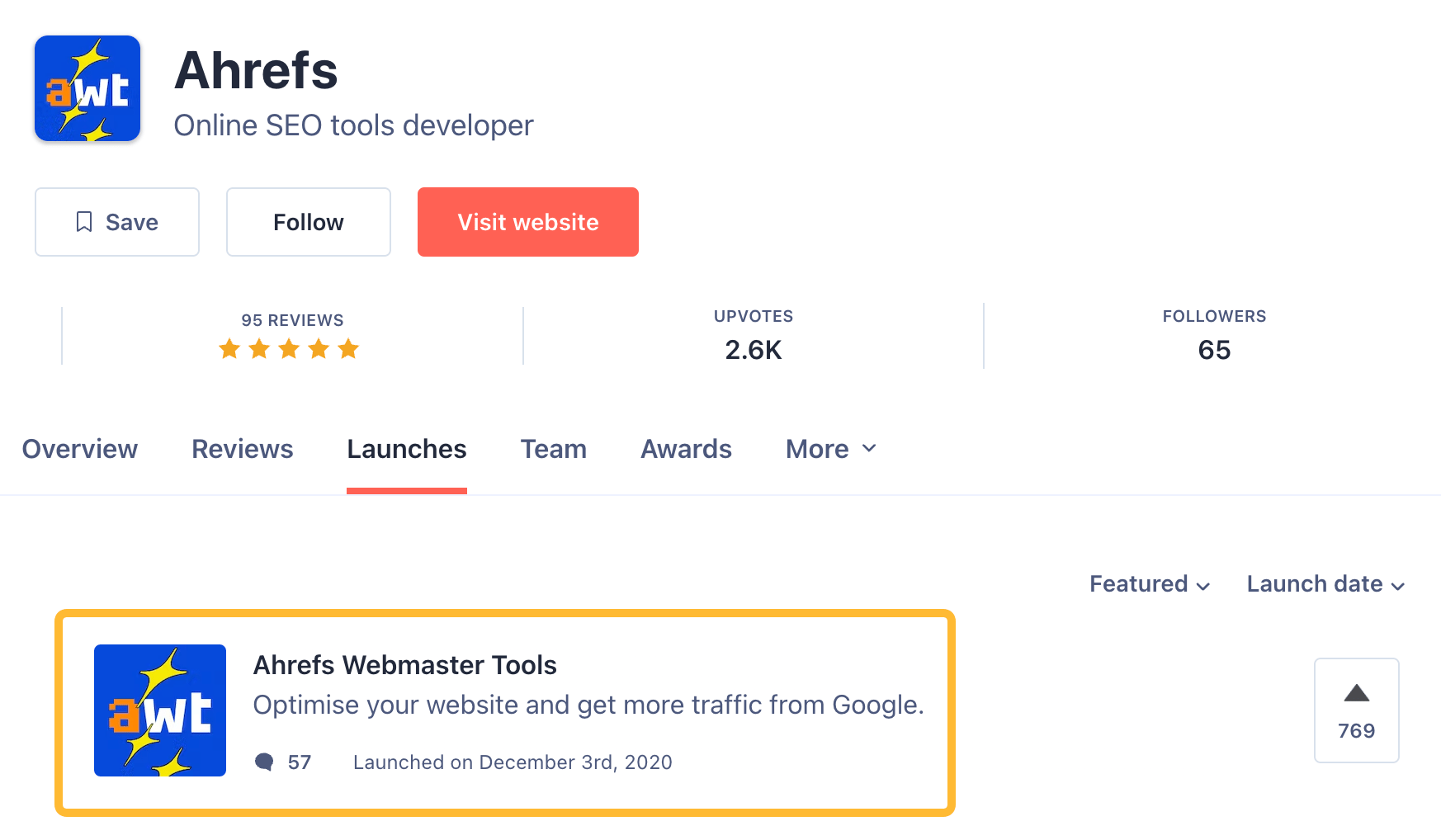 Promoting Ahrefs Webmaster Tools on Product Hunt in 2020
