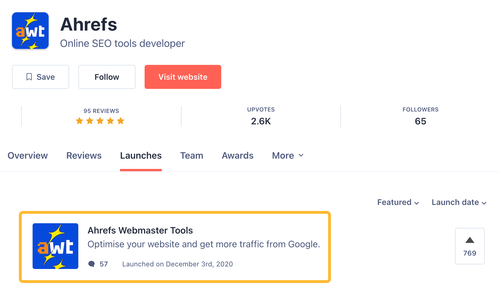 Promoción de Ahrefs Webmaster Tools en Product Hunt en 2020