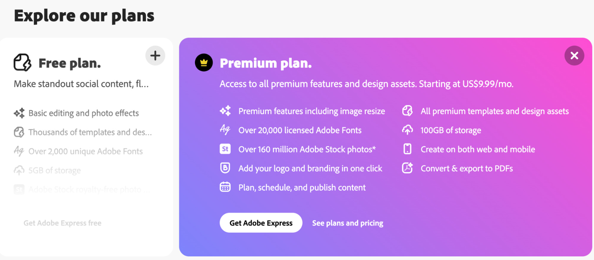 Adobe Express plans