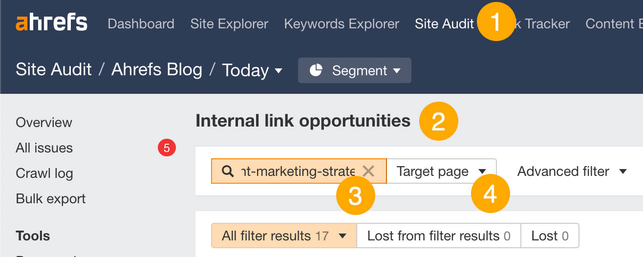 Trovare opportunità di link interni utilizzando il Site Audit di Ahrefs