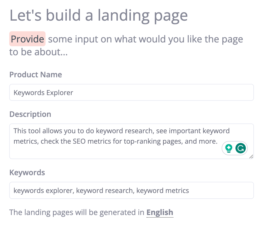 Inputs for creating a landing page in ContentBot
