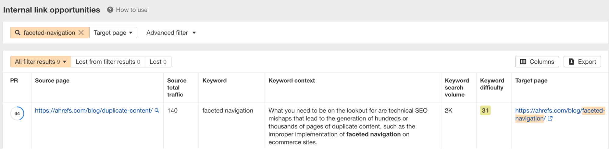 Ahrefs のブログで提案された内部リンクの機会の例