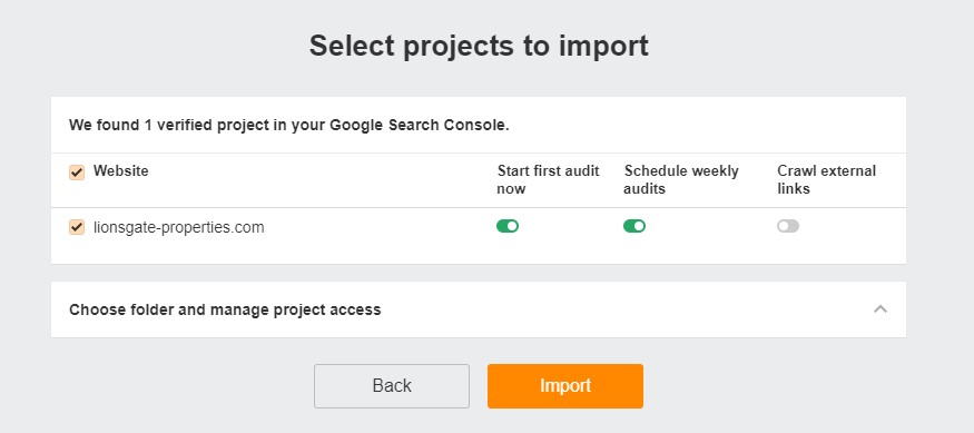 Option to import projects in Ahrefs' Site Audit