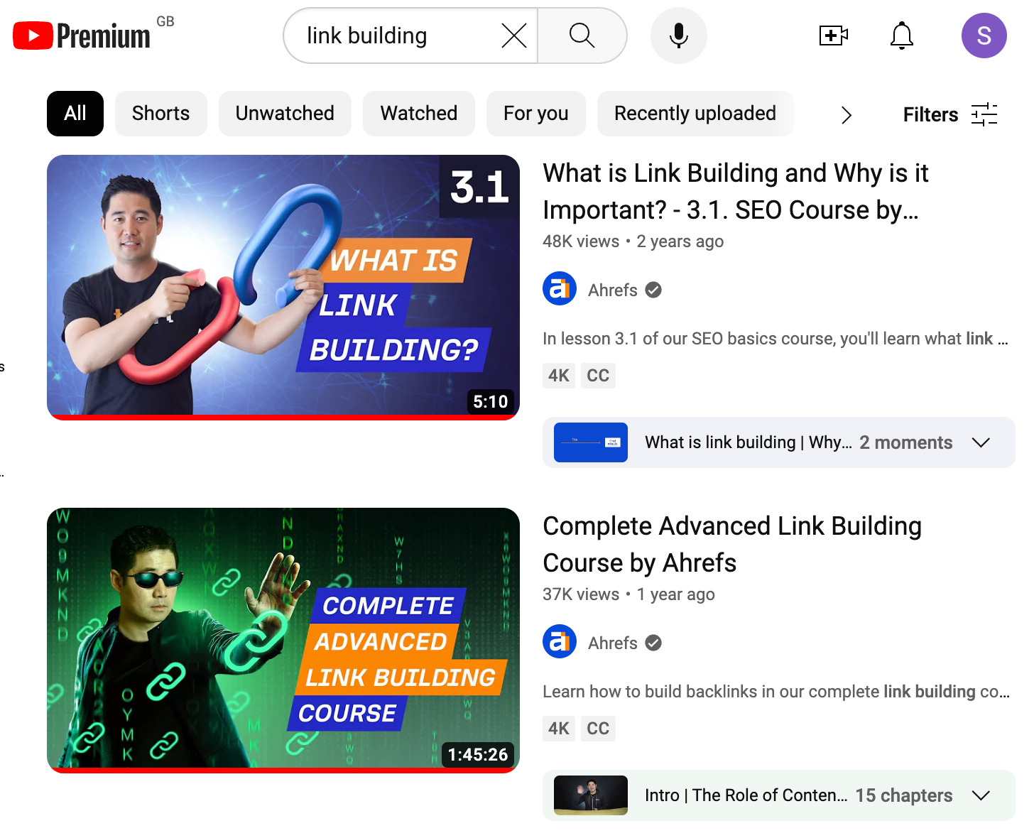 Ahrefs' link building videos rank #1 for the term "link building"
