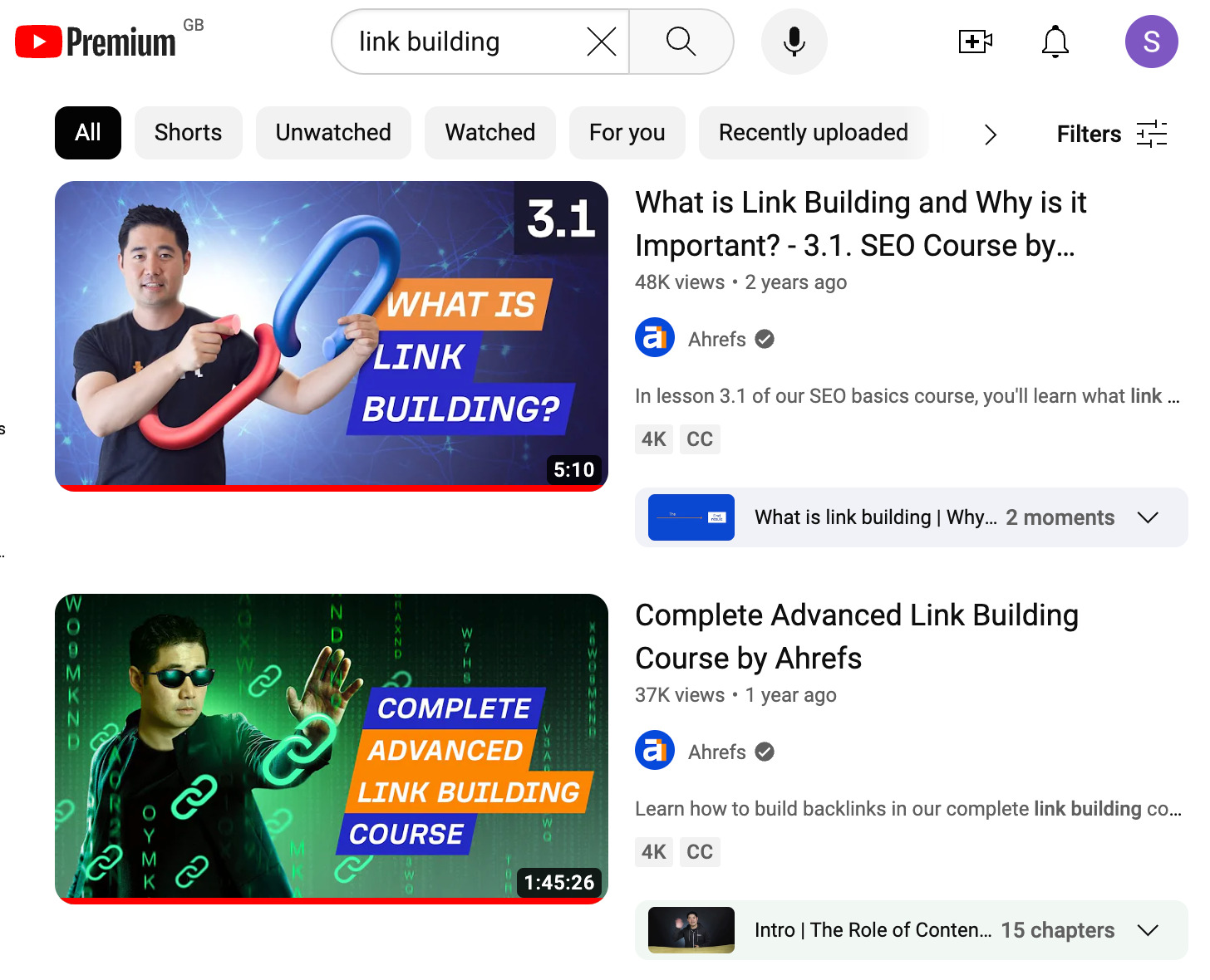 Video pembuatan tautan Ahrefs menempati peringkat #1 untuk istilah "pembuatan tautan"