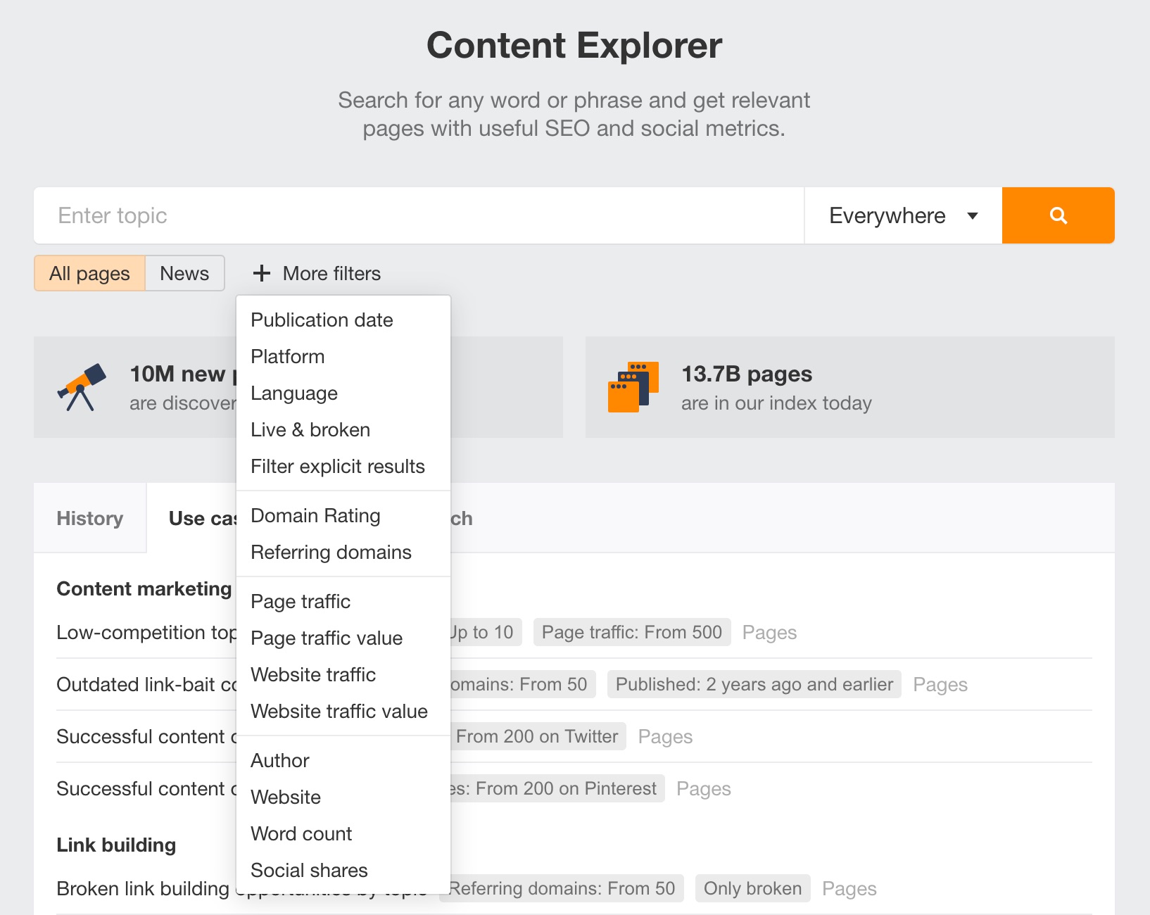 Primary filters on landing page of Content Explorer