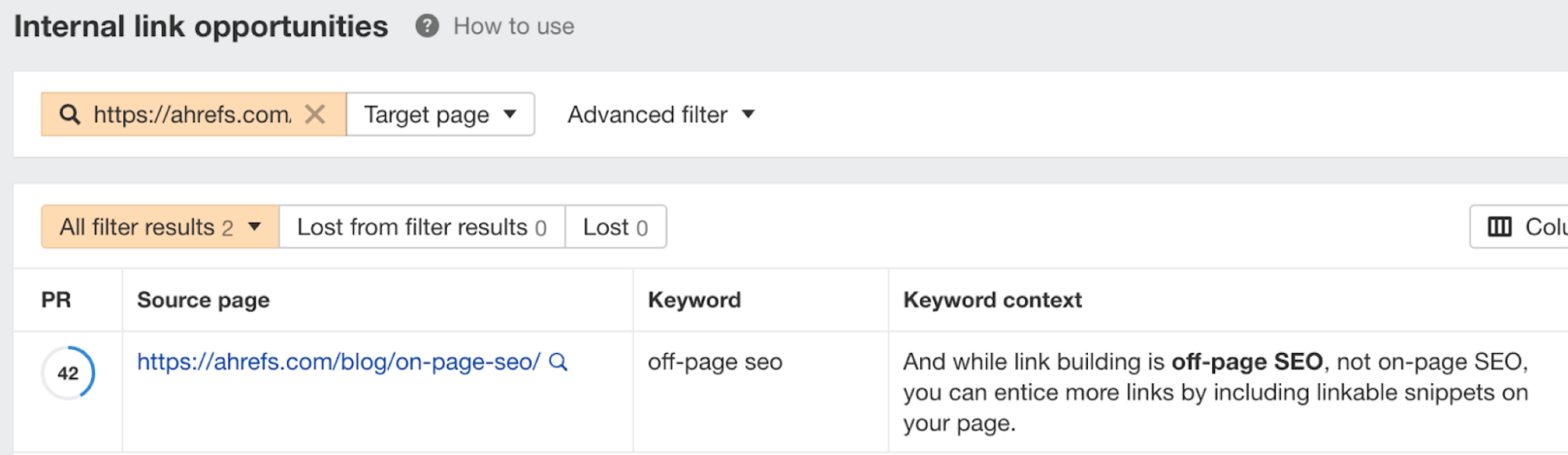 Résultats du rapport sur les opportunités de liens, par le biais du Site Audit d'Ahrefs