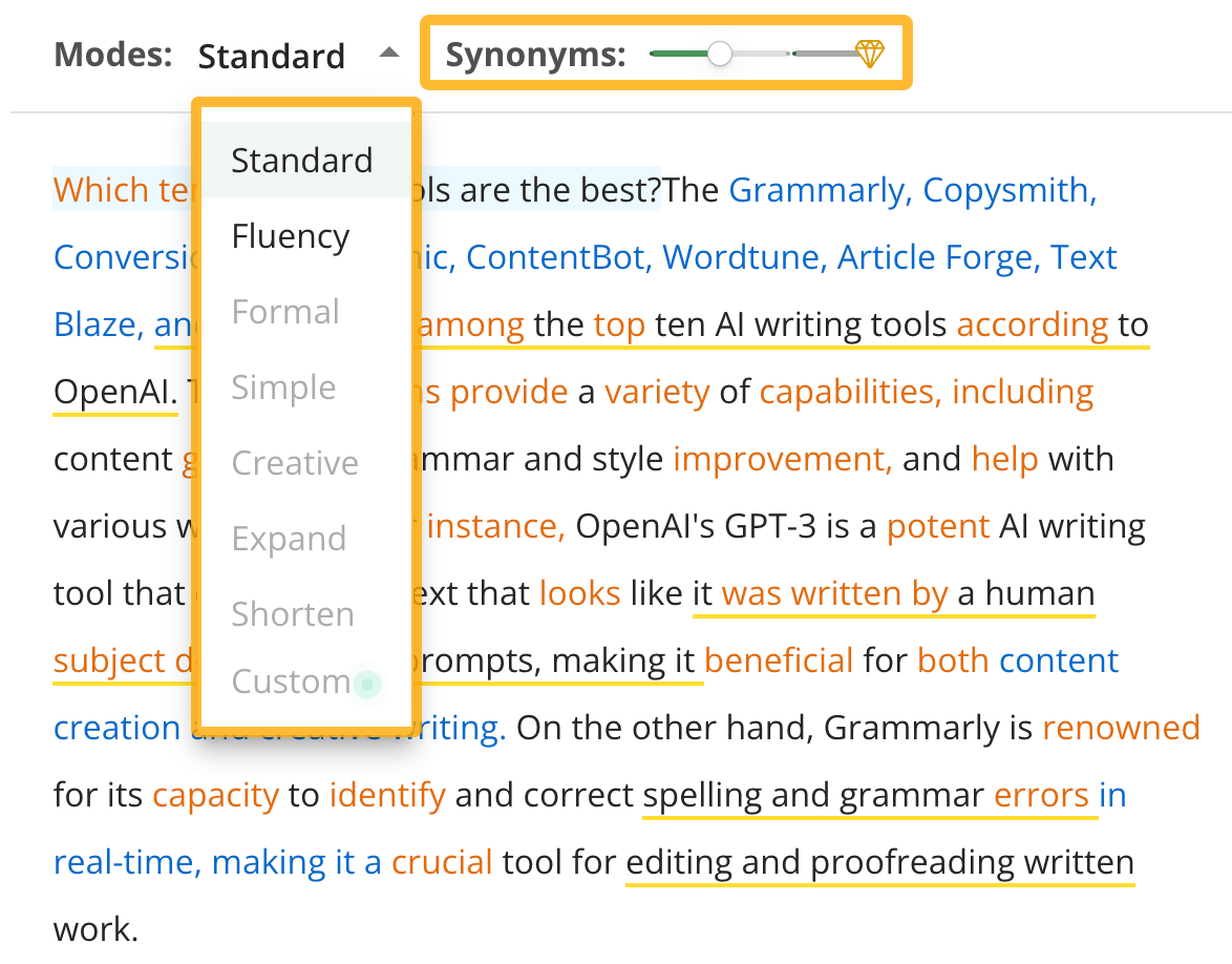 You can command Quillbot to add more or fewer synonyms or write in different tones
