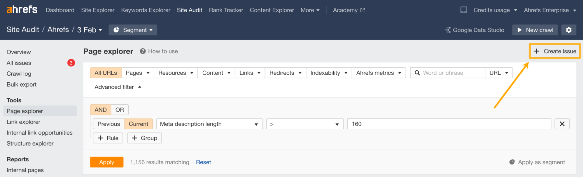 "Create issue" button in the Page explorer report, via Ahrefs' Site Audit
