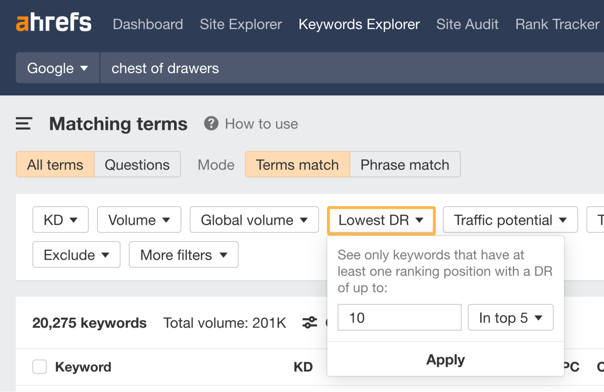 Ahrefs Keywords Explorer（关键词分析） 中的 "Lowest DR（最低 DR）"过滤器