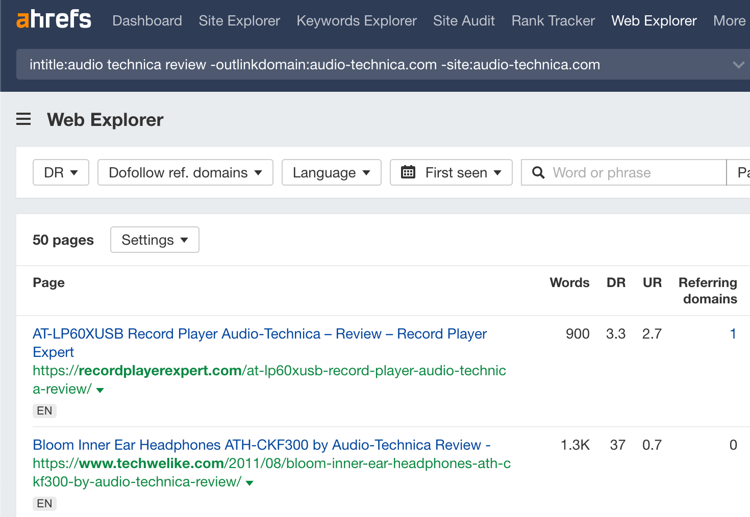 Finding unlinked reviews using Ahrefs' Web Explorer
