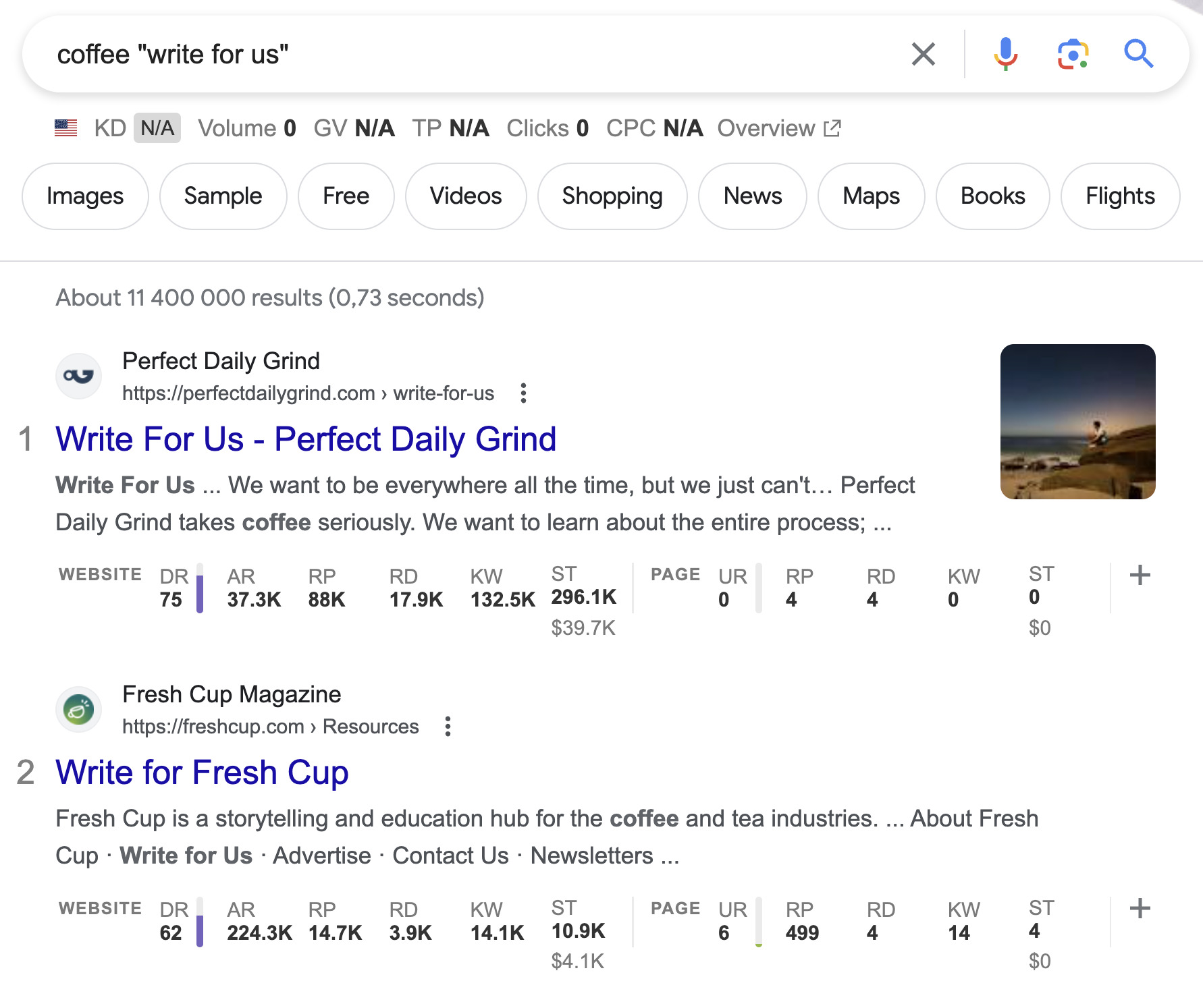 Google search results for "coffee 'write for us'"