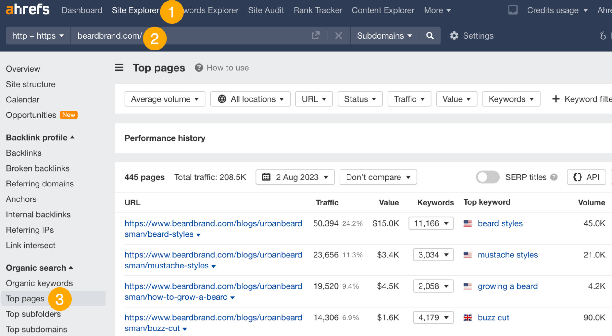 Finding the keywords competitors rank for, via Ahrefs' Site Explorer
