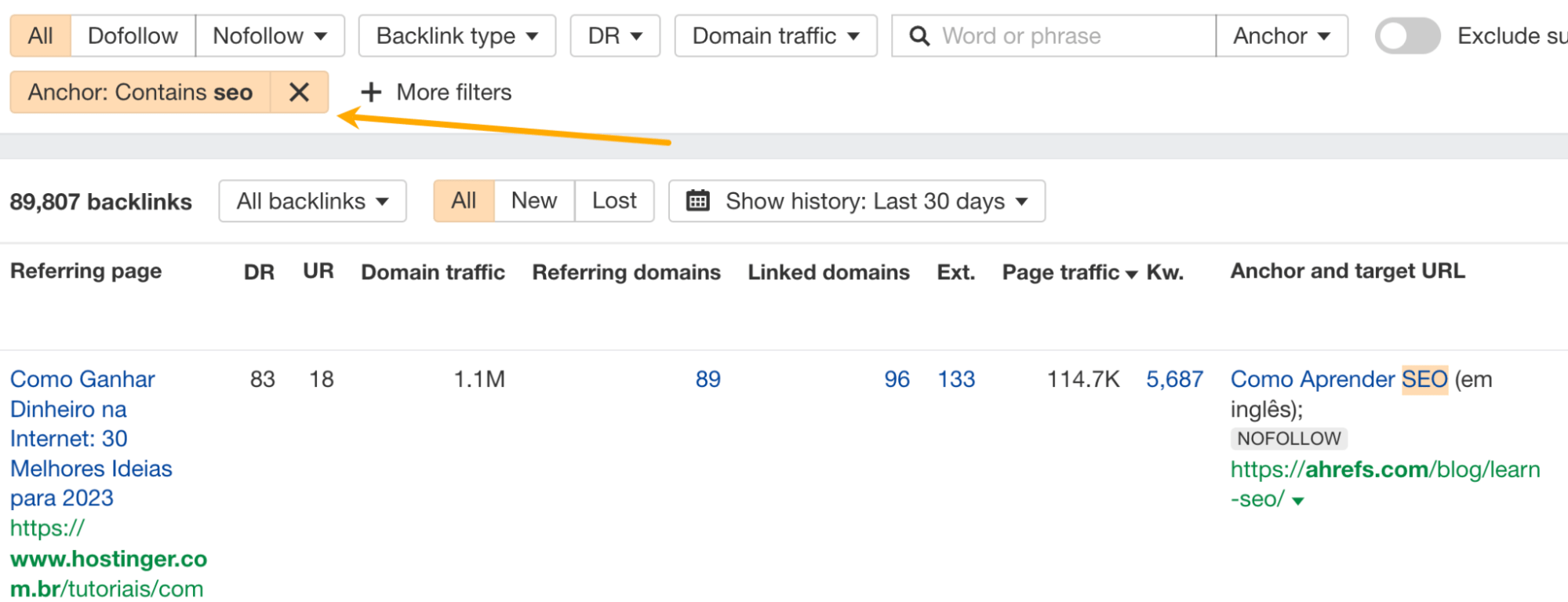 "Anc،r text" filter in Backlinks report