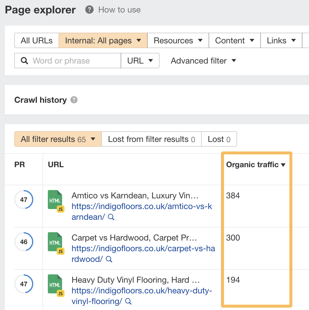 Cómo encontrar las páginas principales usando Page Explorer, a través de Site Audit de Ahrefs