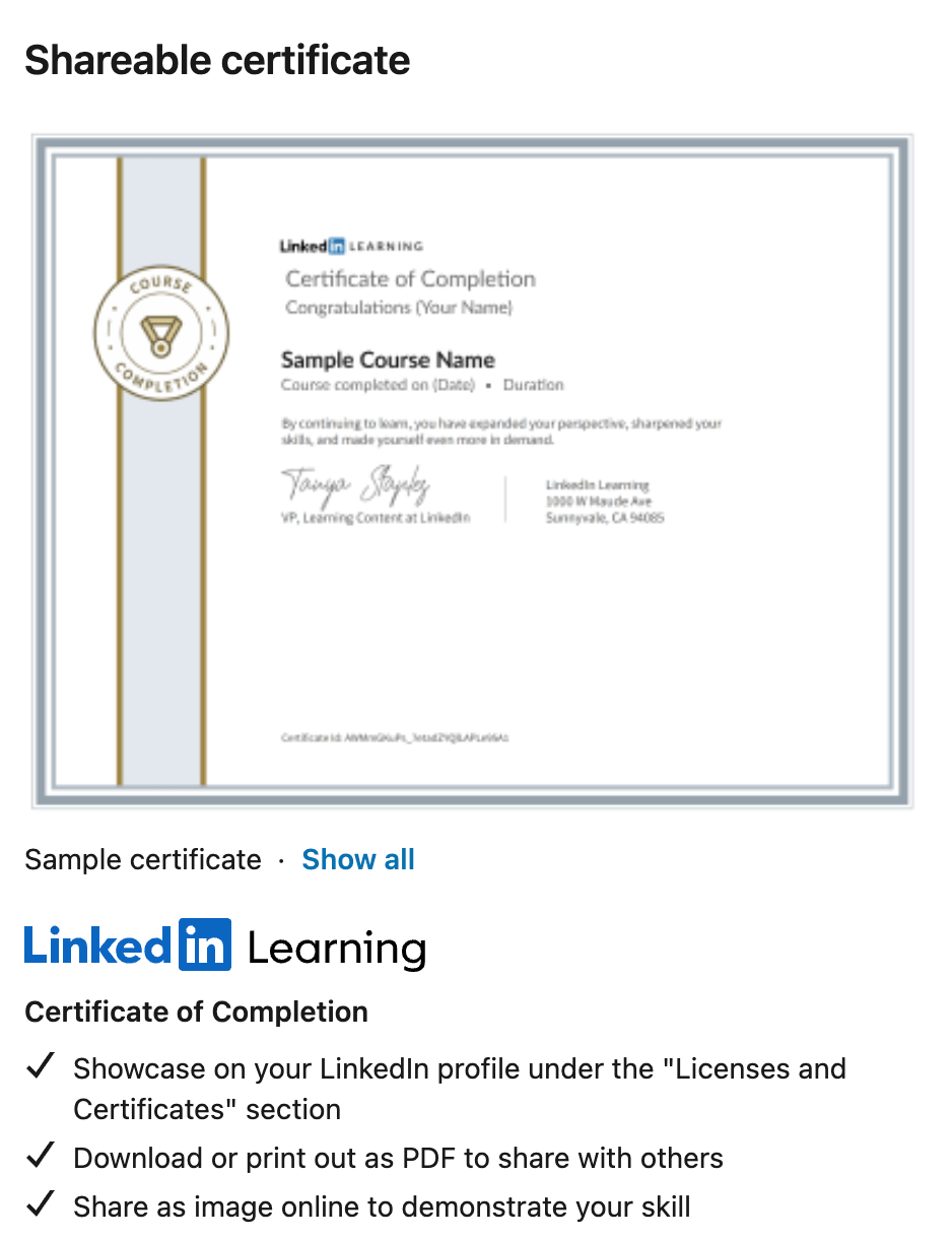 Shareable certification from LinkedIn Learning
