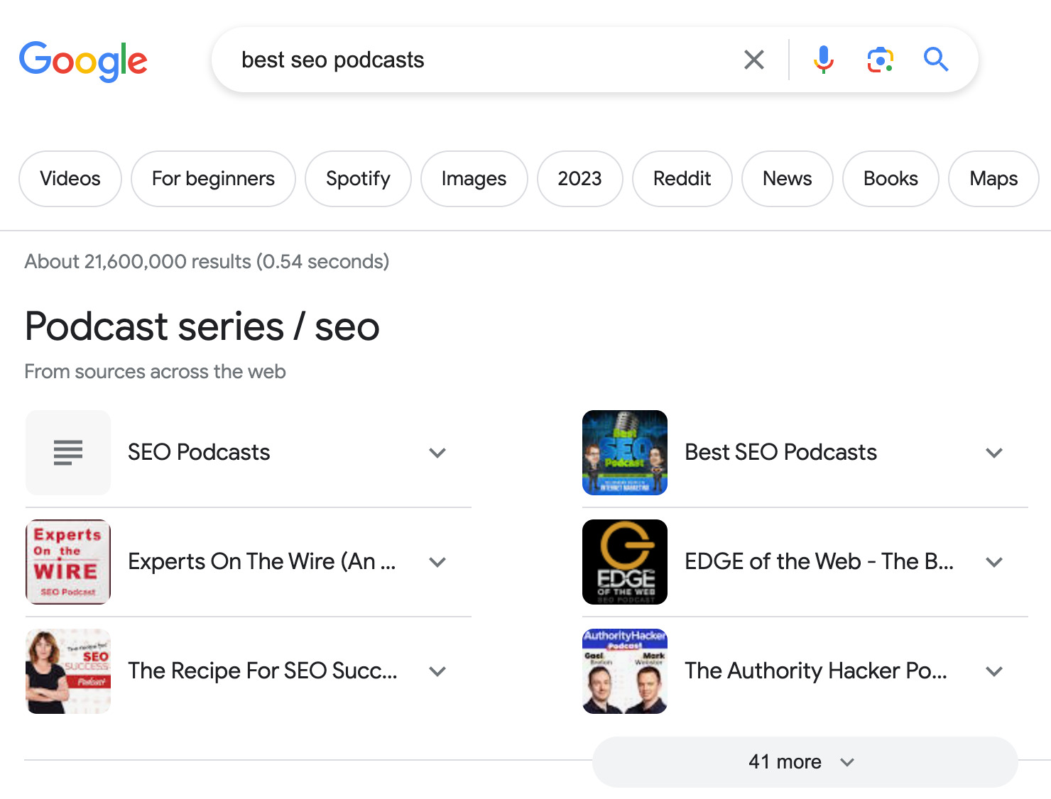 Recherche Google des « meilleurs podcasts SEO »