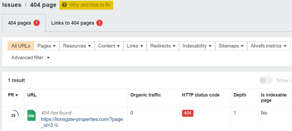 SEO issue breakdown, via Ahrefs' Site Audit