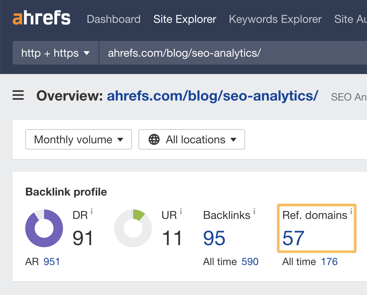 通过 Ahrefs Site Explorer（网站分析）查看 Ahrefs 的搜索引擎优化分析指南概览
