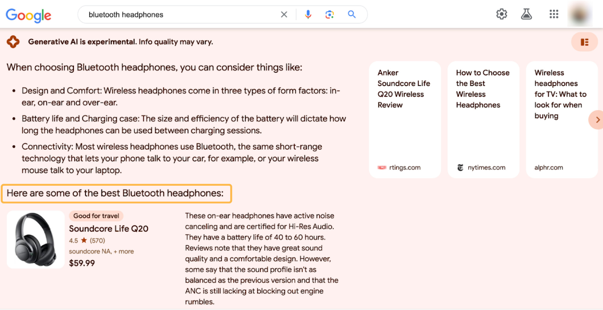 Resultados de pesquisa do Google com IA generativa, via google.com