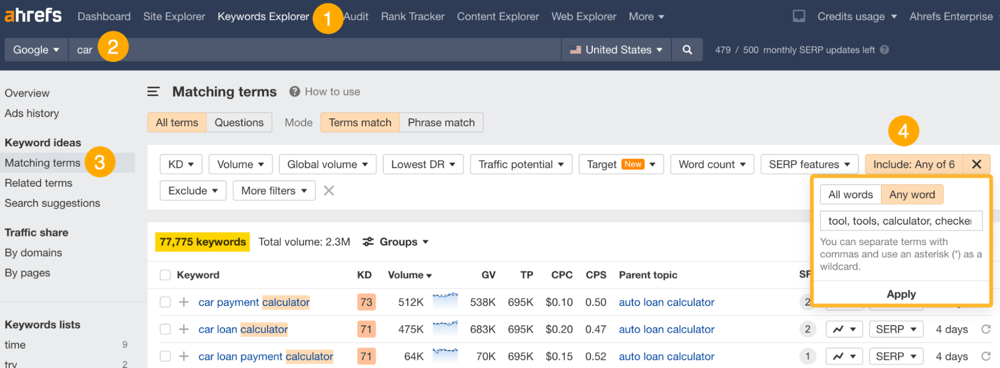 Recherche de mots-clés liés aux outils avec l'explorateur de mots-clés d'Ahrefs