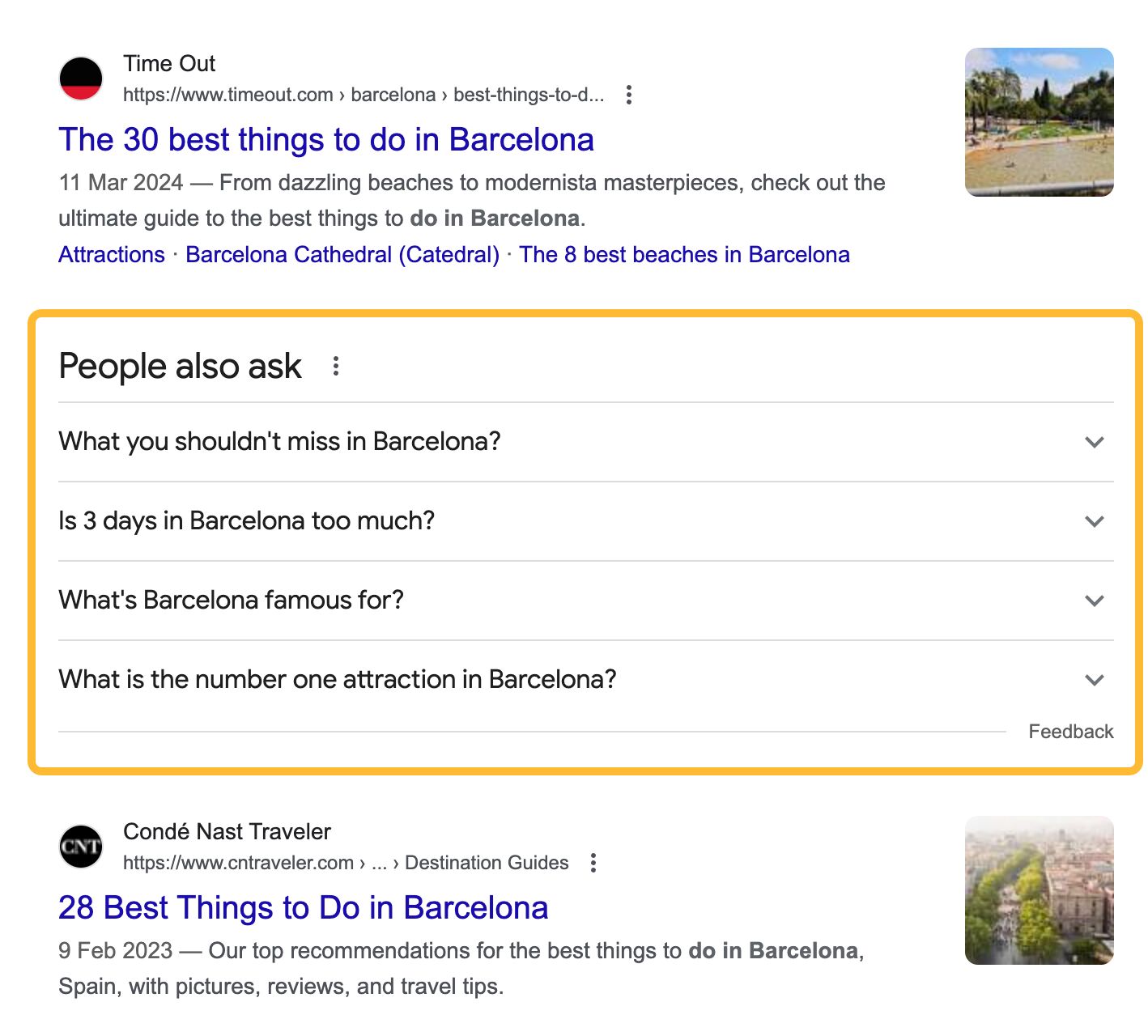 The People Also Ask box for the query "what to do in barcelona"