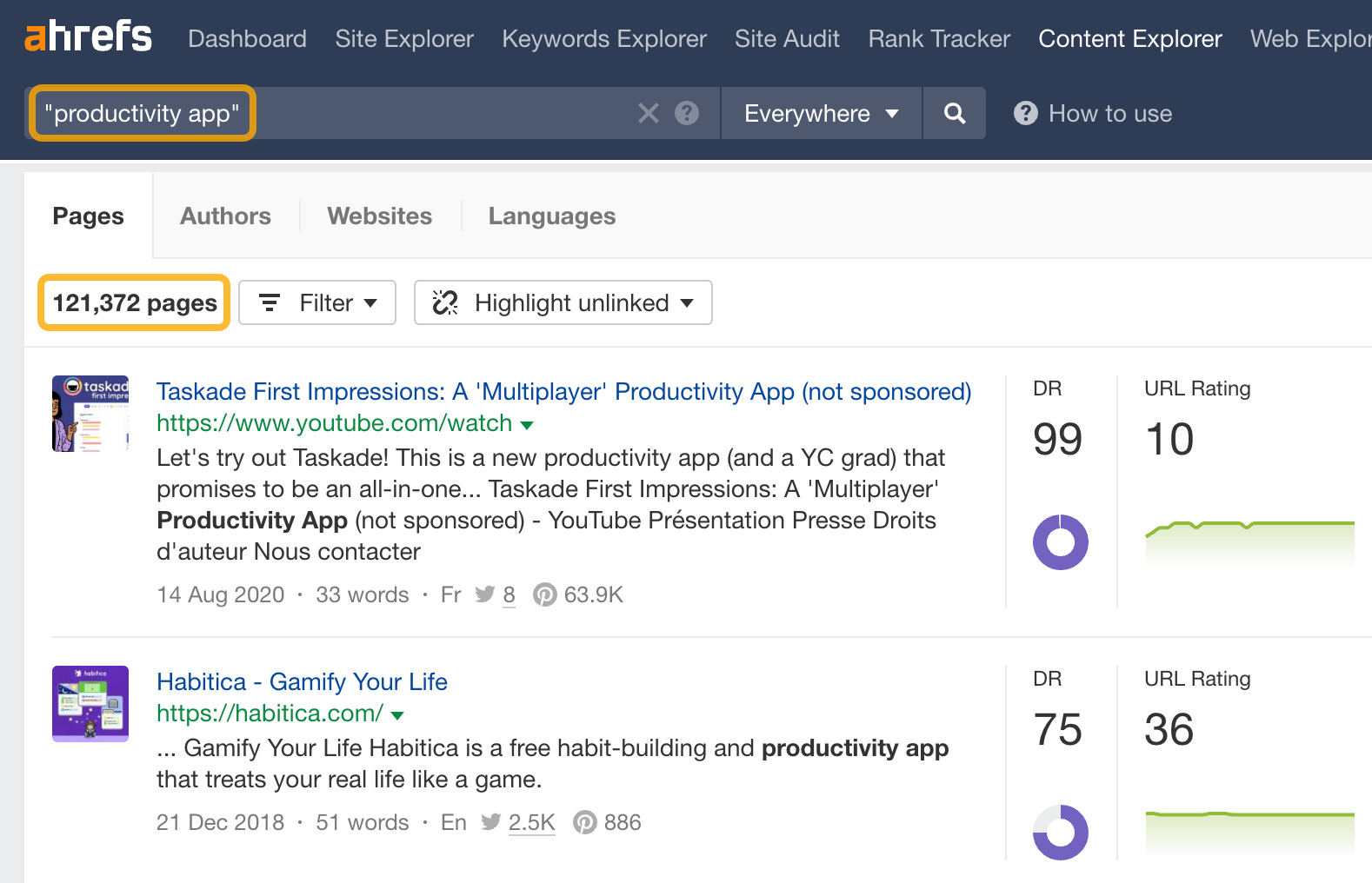 120K+ pages that mention "productivity app," via Ahrefs' Content Explorer