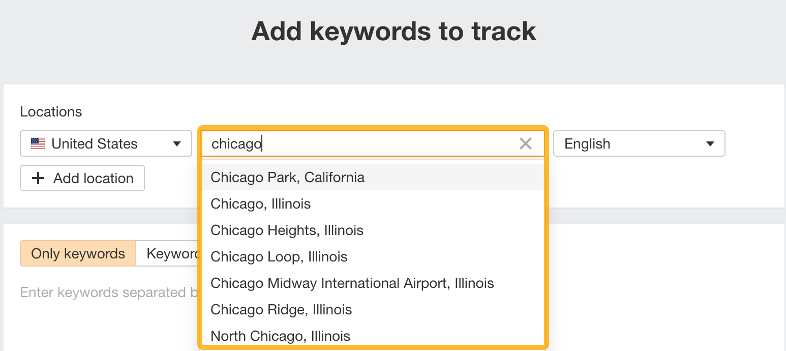 You can add specific states, cities, or ZIP codes to track in Rank Tracker