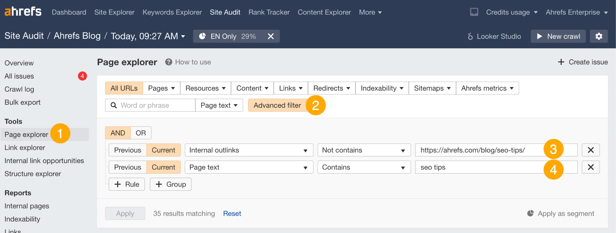 Finding internal link opportunities in Ahrefs' Site Audit