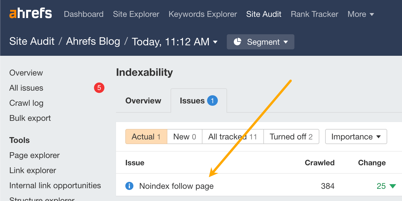 Finding noindexed pages in Ahrefs' Site Audit