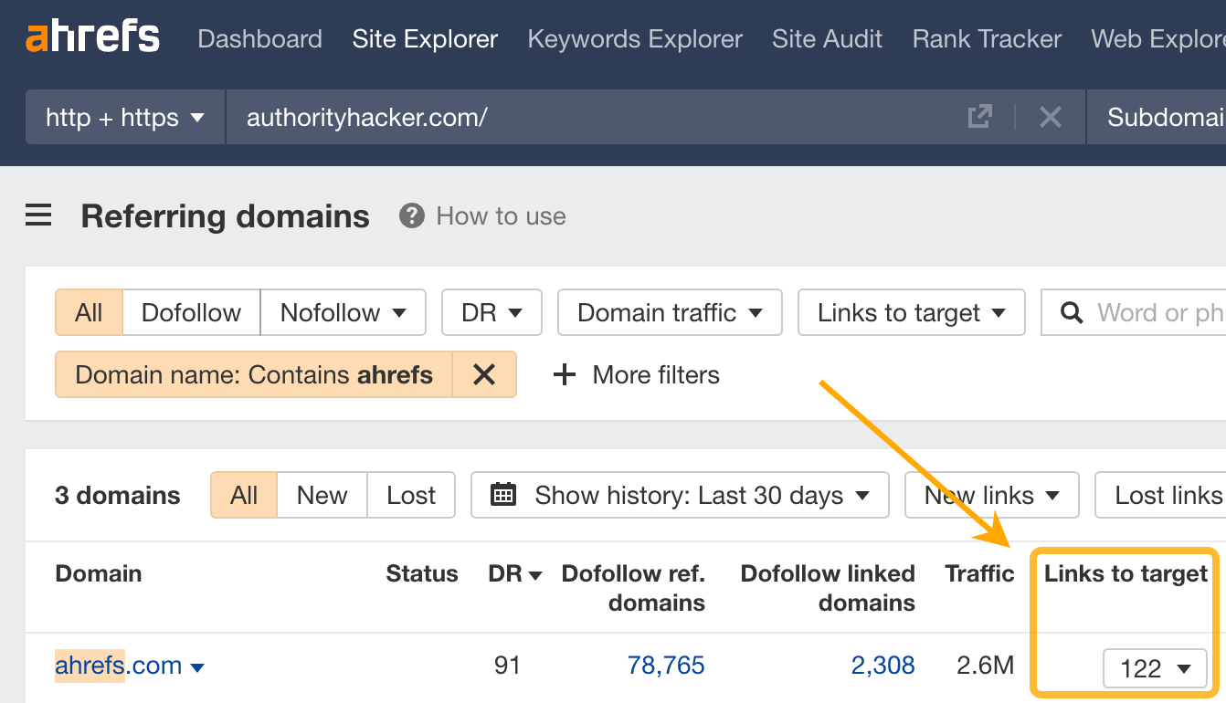 How many times we're linking to Gael's website from our site, via Ahrefs' Site Explorer
