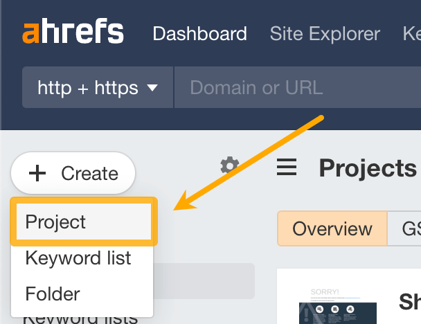How to create a project in Ahrefs
