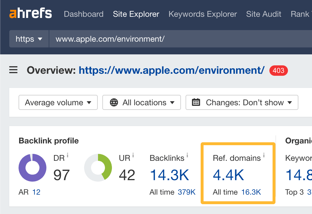 La page Environnement d'Apple contient des backlinks provenant de 4,4 000 domaines référents, via l'explorateur de site d'Ahrefs.