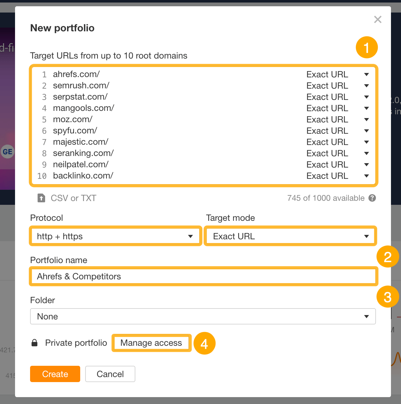 Portfolio setup bubble in Ahrefs
