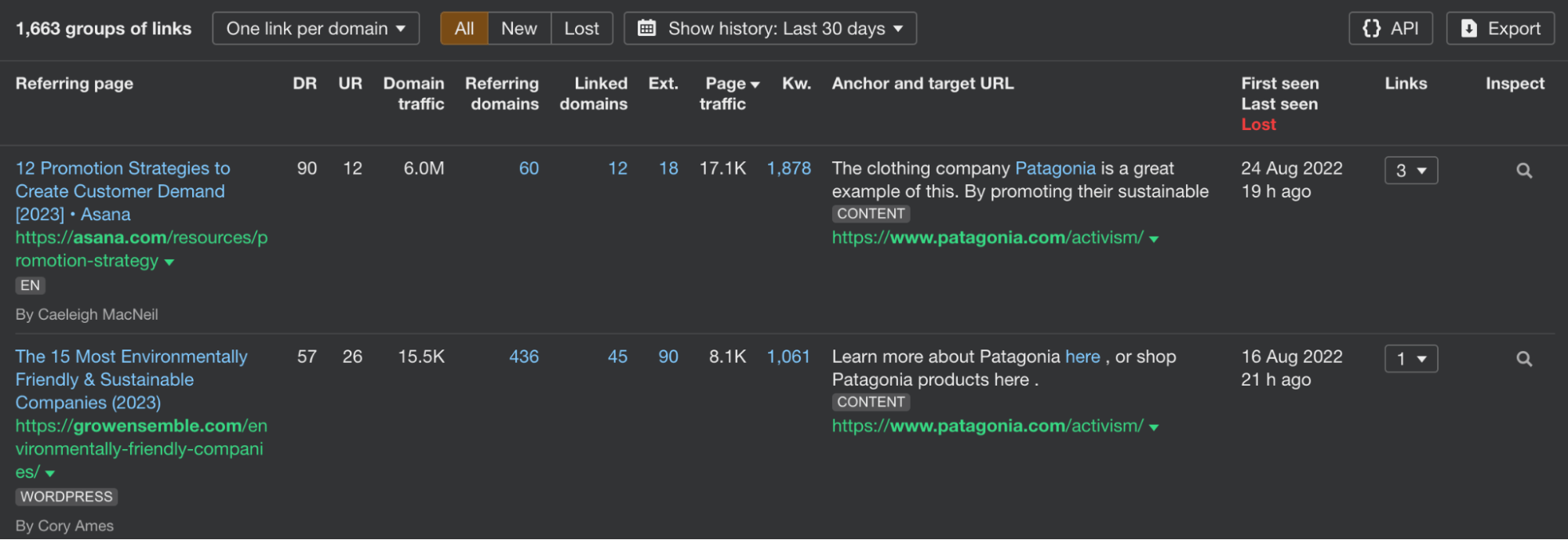 Backlinks vers la page Activisme de Patagonia, via l'explorateur de site d'Ahrefs