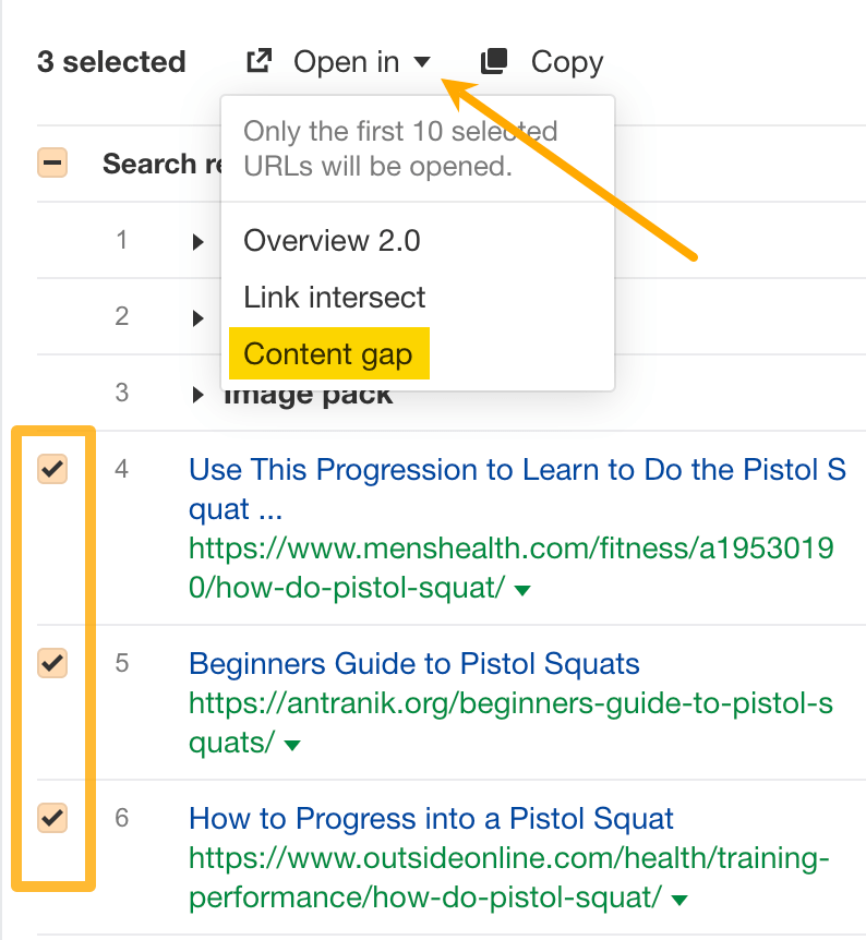 Opening the top-ranking results in Content Gap, via Ahrefs' Keywords Explorer
