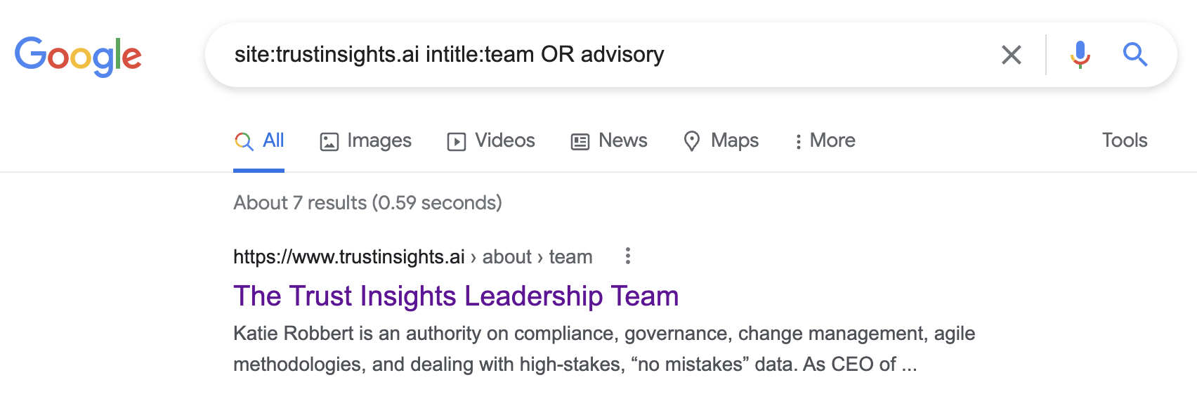 Searching for team and advisory pages in Google