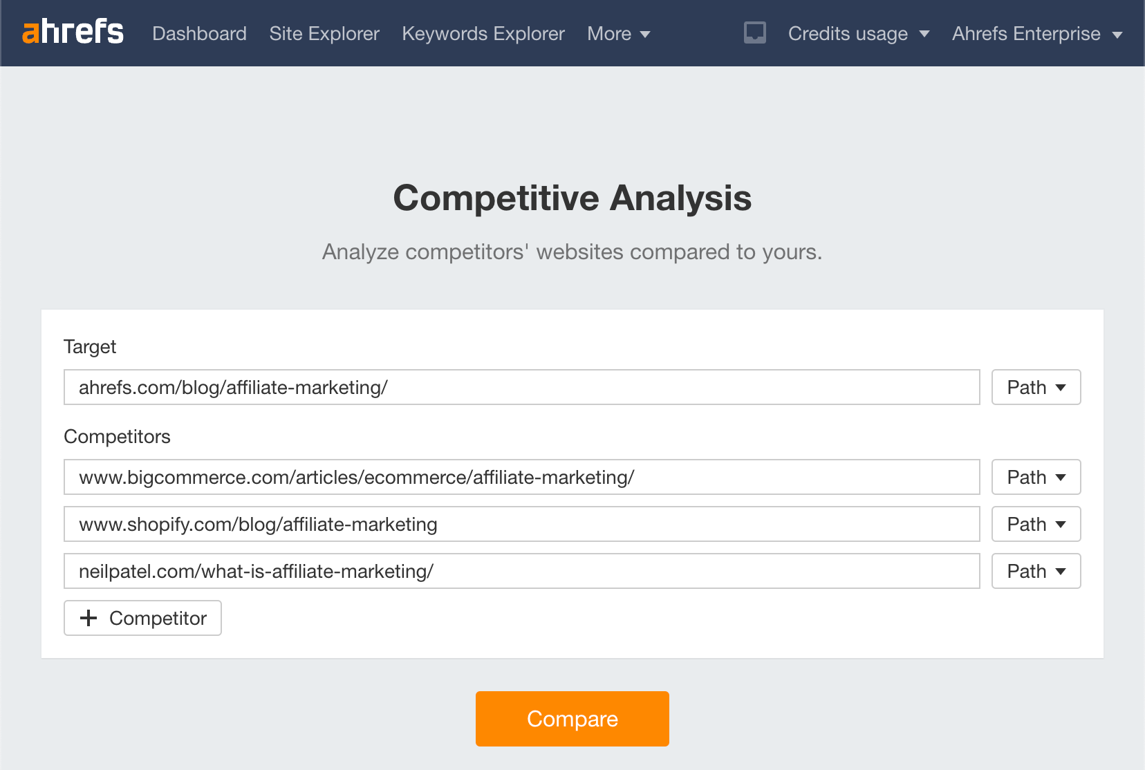 Utilizzo dello strumento di analisi competitiva in Ahrefs