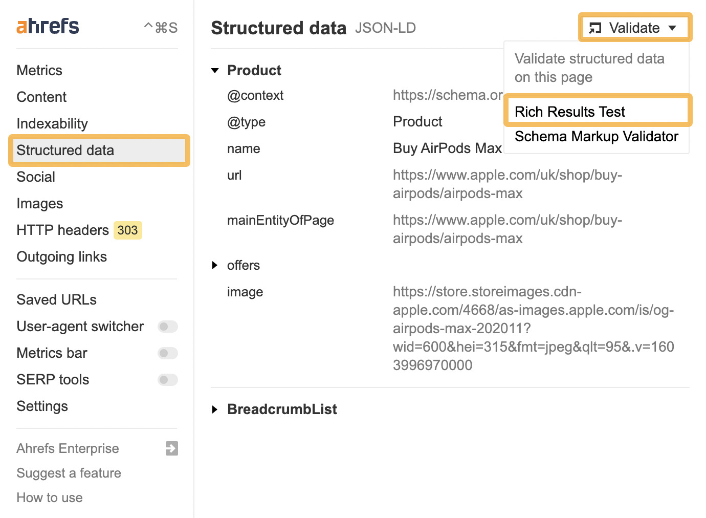 Accessing Rich Results Test, via Ahrefs' SEO Toolbar
