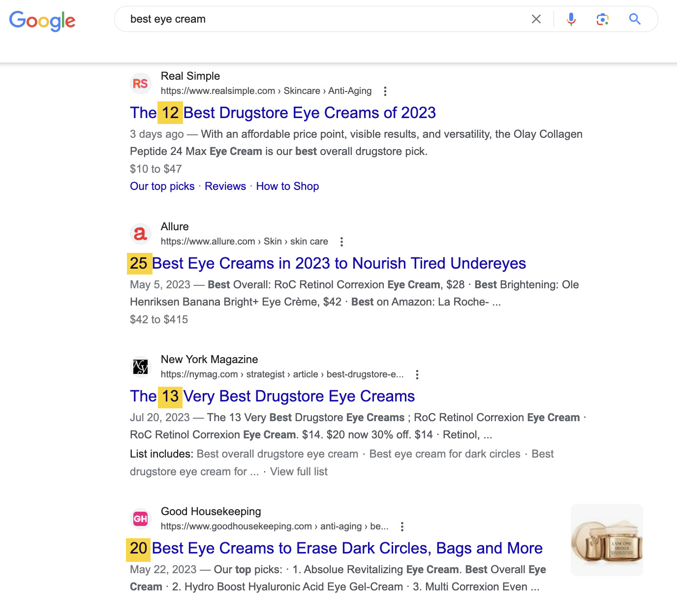 Google SERP for "best eye cream"