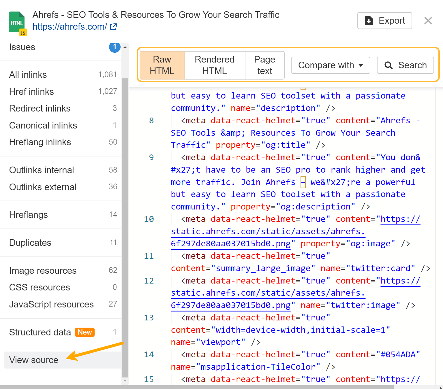 Checking raw and JavaScript-rendered HTML in Ahrefs' Site Audit